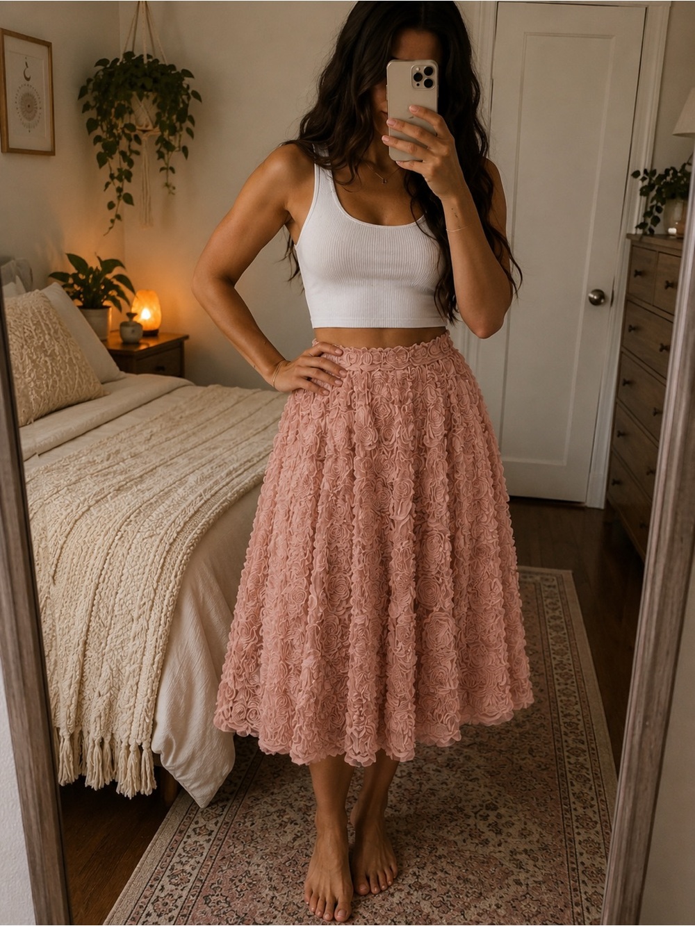 Elegant Floral Lace Midi Skirt in Pink